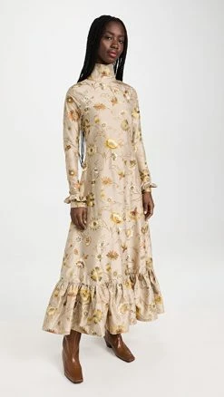 Wholesale 🌟 House Of Aama Country Girl 👗 Dress Taupe Floral Silk Dupioni ✨