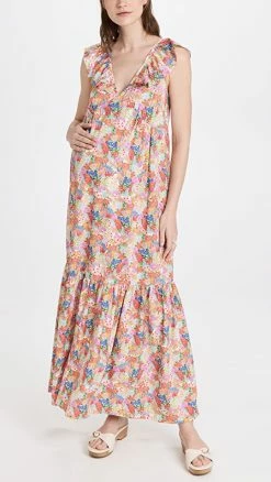 Outlet 🌟 Ingrid & Isabel Ruffle Sleeve Tiered Maxi 👗 Dress Garden 😉