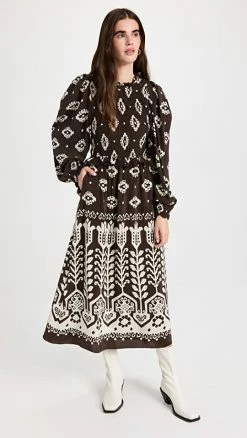 Top 10 ⭐ Sea Sonia Print Long Sleeve Smocked 👗 Dress Brown 🥰